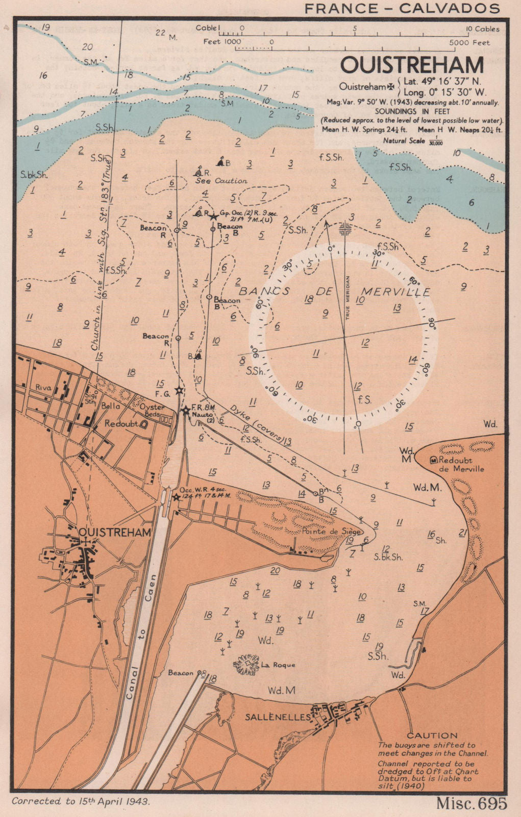 Ouistreham sea coast chart. D-Day planning map. Sword beach. ADMIRALTY 1943